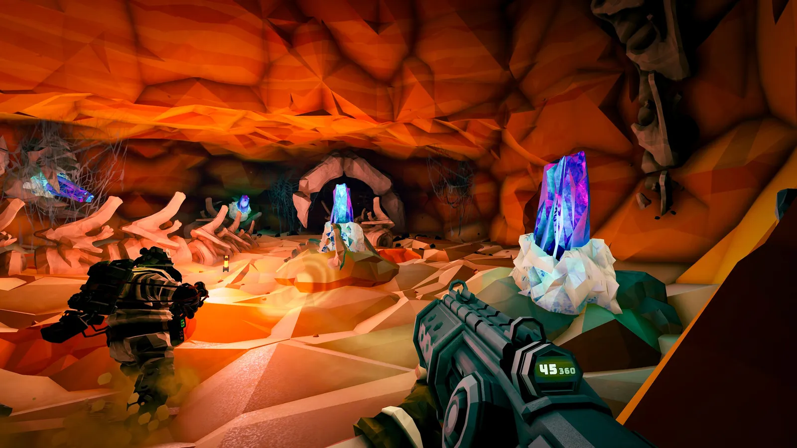 Deep Rock Galactic mining crystal cave with teammate and glowing resource nodes