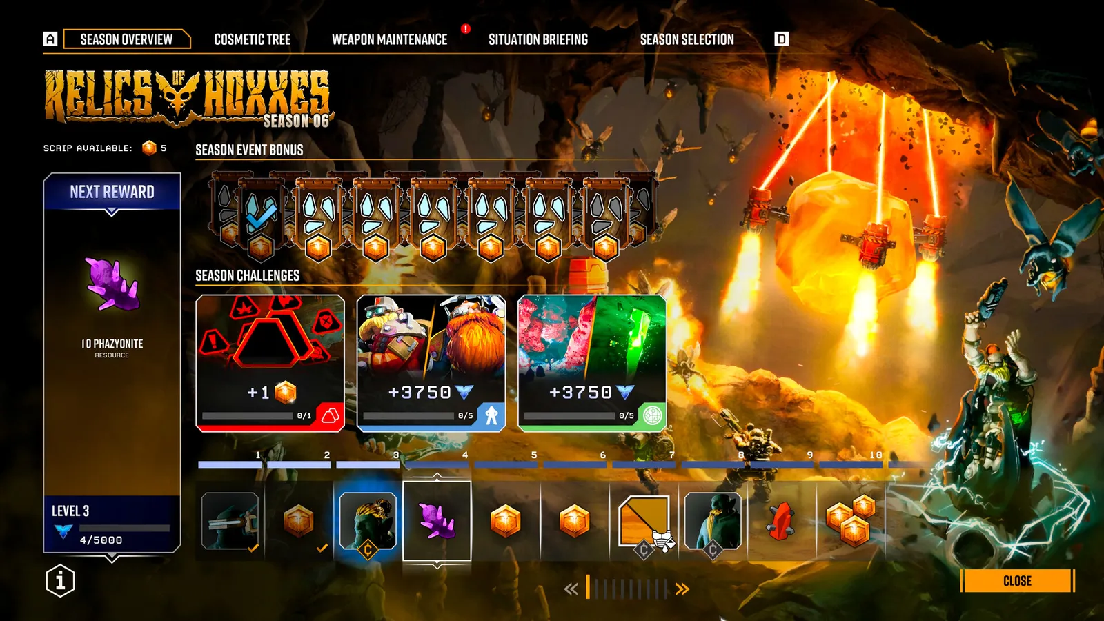 Deep Rock Galactic relics of hoxxes season pass rewards and challenges screen