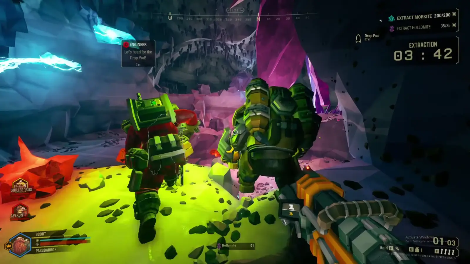 Two characters moving through a glowing cavern toward the drop pod during extraction