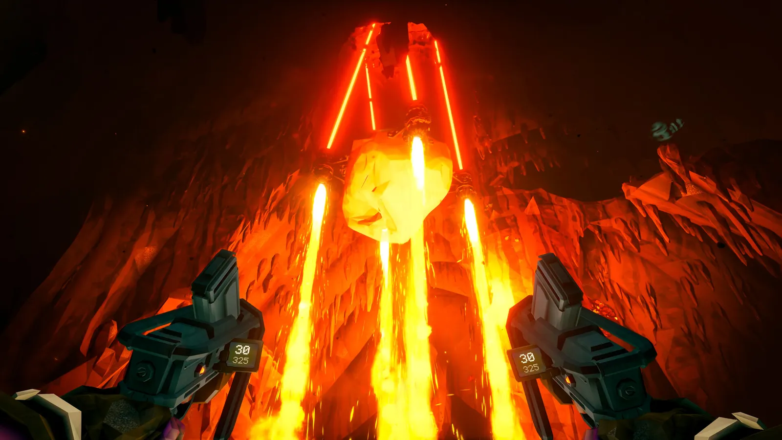 Deep Rock Galactic turret deploying mineral extraction pod in lava cavern