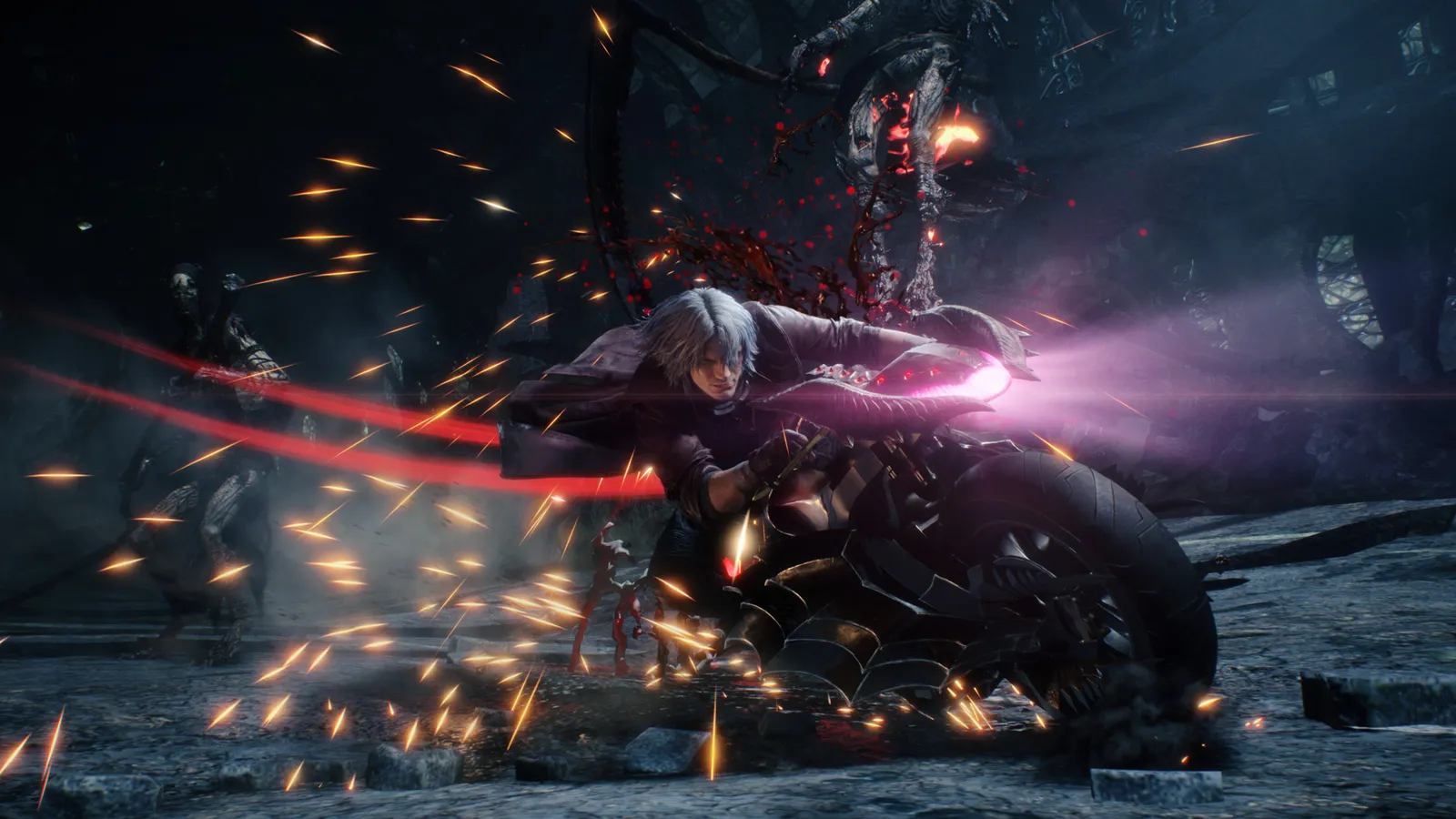 Devil May Cry 5 Special Edition dante riding motorcycle weapon through dark ruins