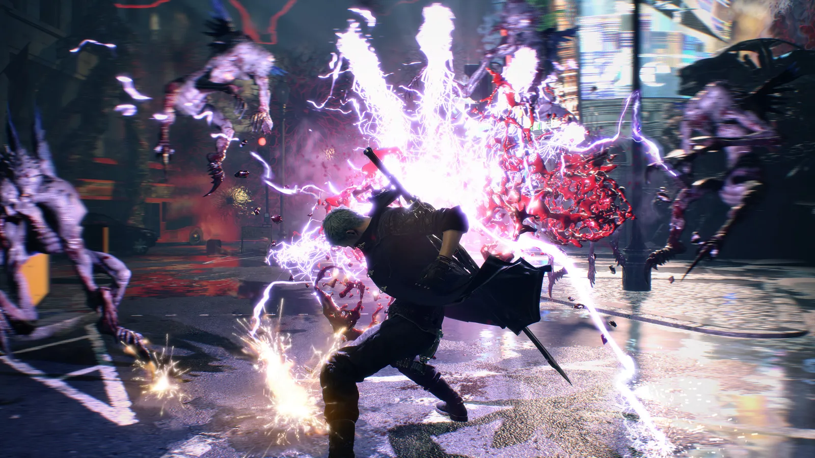 Devil May Cry 5 Special Edition Nero unleashing lightning aerial combo against demon swarm