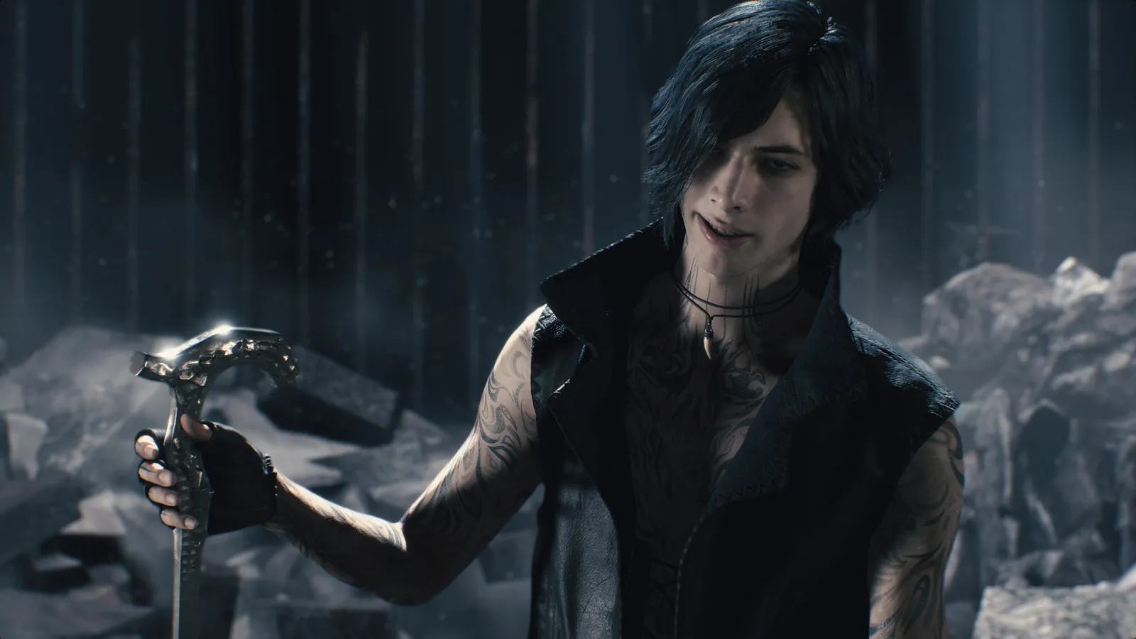 Devil May Cry 5 Special Edition V holding ornate cane sword close up portrait