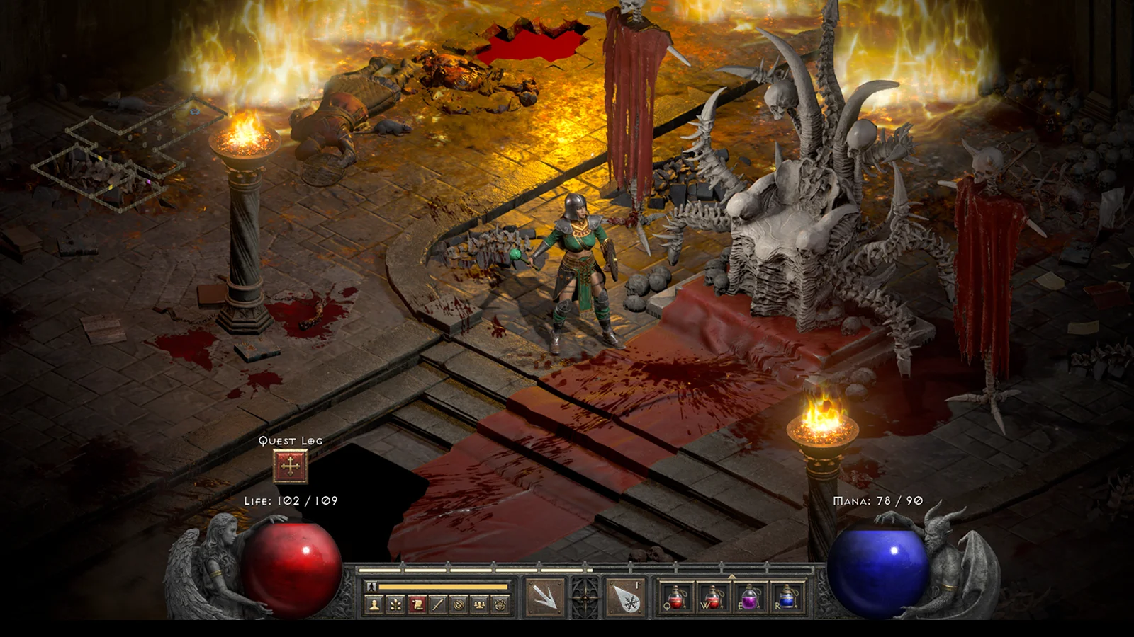 Diablo II : Resurrected - Le meilleur classique des ARPG remasterisés - Vue isométrique d'un guerrier explorant un donjon sombre dans une cathédrale, près d'un trône d'os