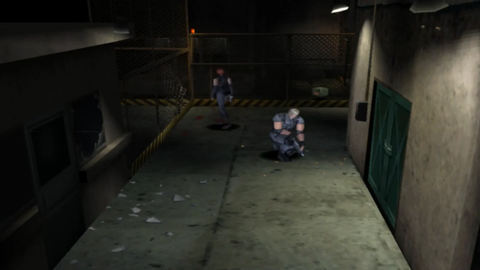 Characters face a dinosaur inside a dark industrial corridor.