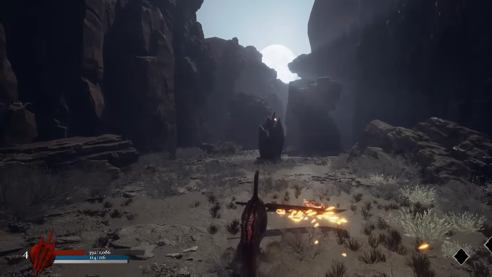 Dinoblade dinosaur wields a flaming sword while facing a dark creature in a moonlit rocky canyon.