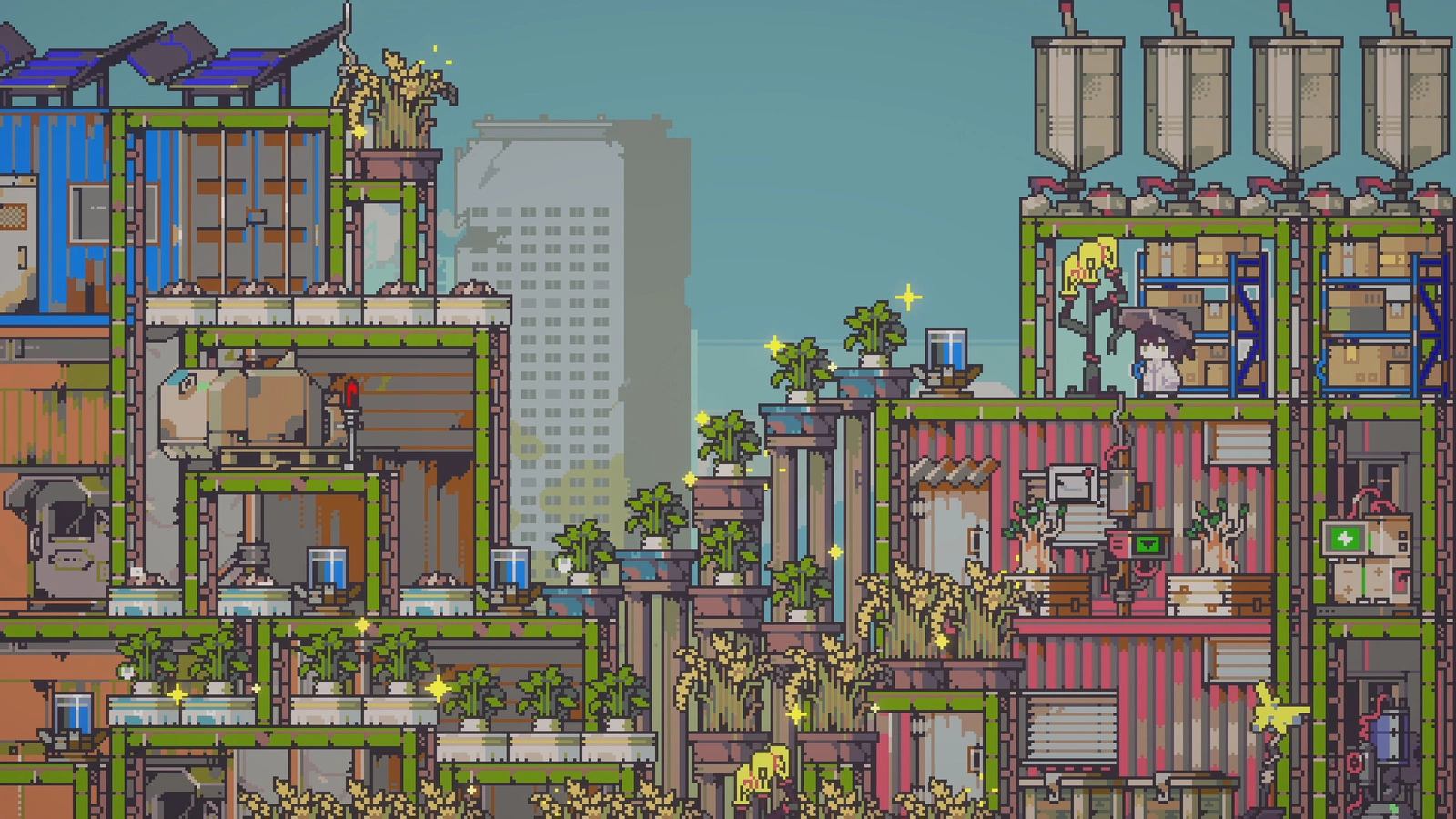 Doloc Town sprawling rooftop settlement with plants and water towers at dusk
