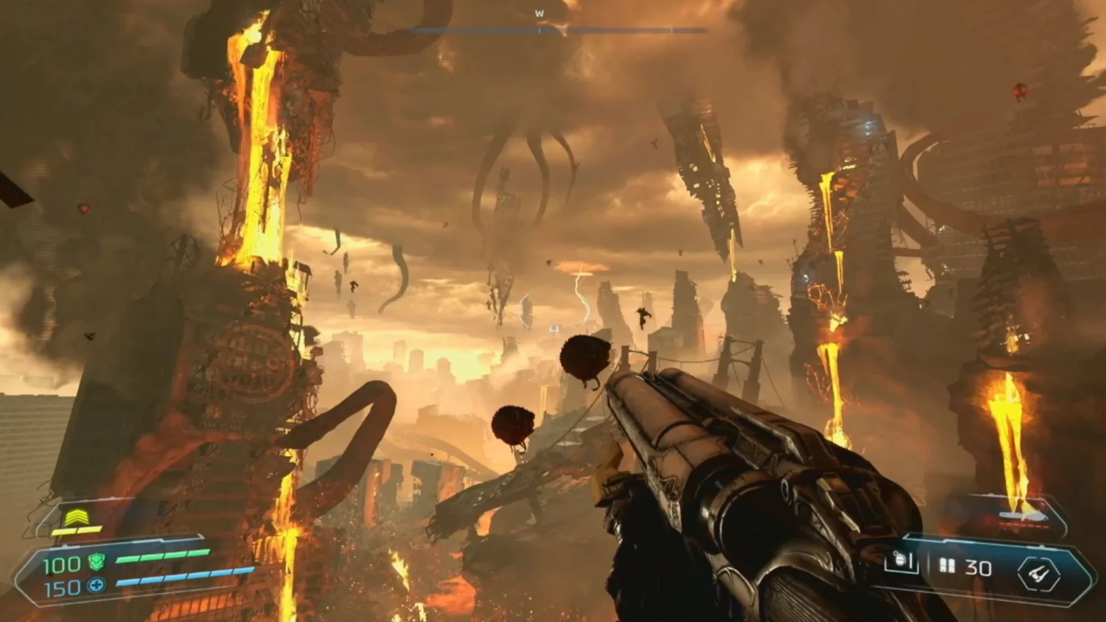 Doom Eternal - Una visuale in prima persona di un guerriero con un fucile a pompa in mano, immerso in un paesaggio infernale, infuocato e apocalittico