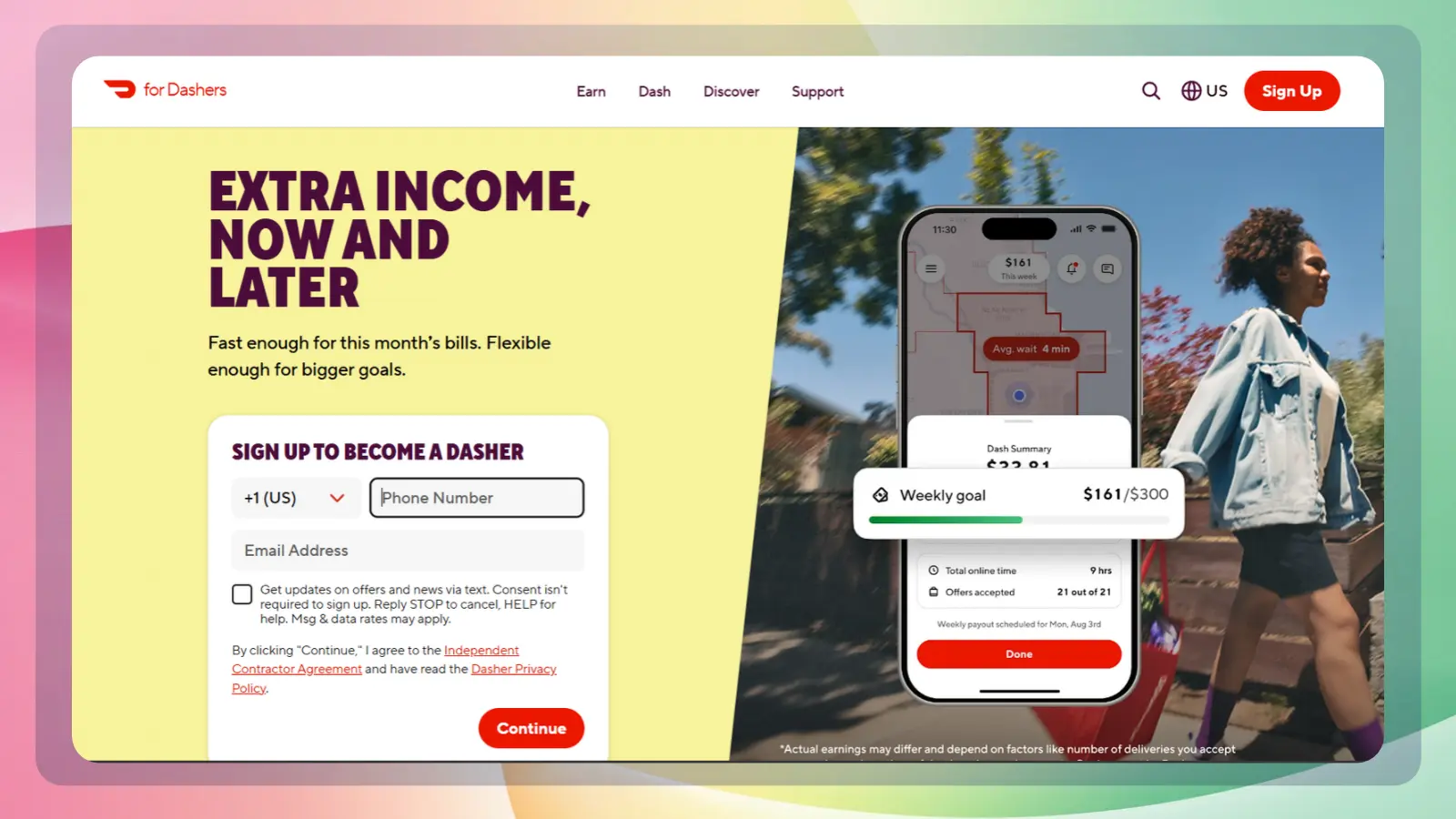 DoorDash Dasher website promoting extra income through delivery work, with a signup form and a phone displaying weekly earnings progress