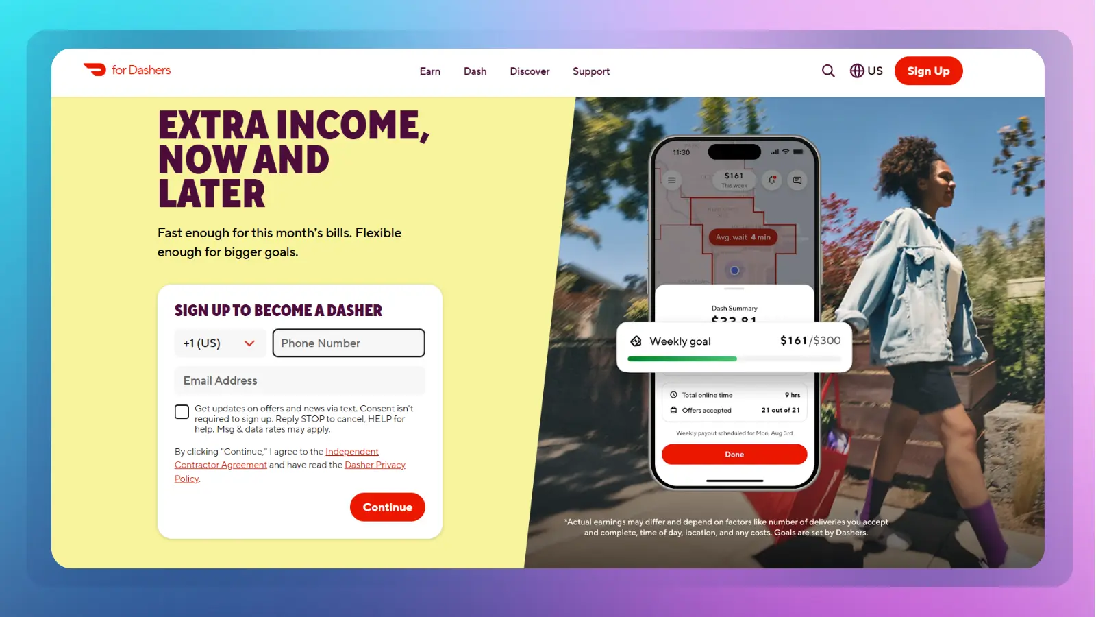 DoorDash for Dashers website showing a signup page for becoming a Dasher with a delivery worker, earnings information, and a weekly goal