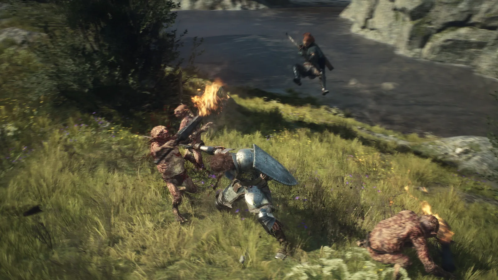 Dragon's Dogma 2 dragon s dogma knight battling goblins beside leaping companion