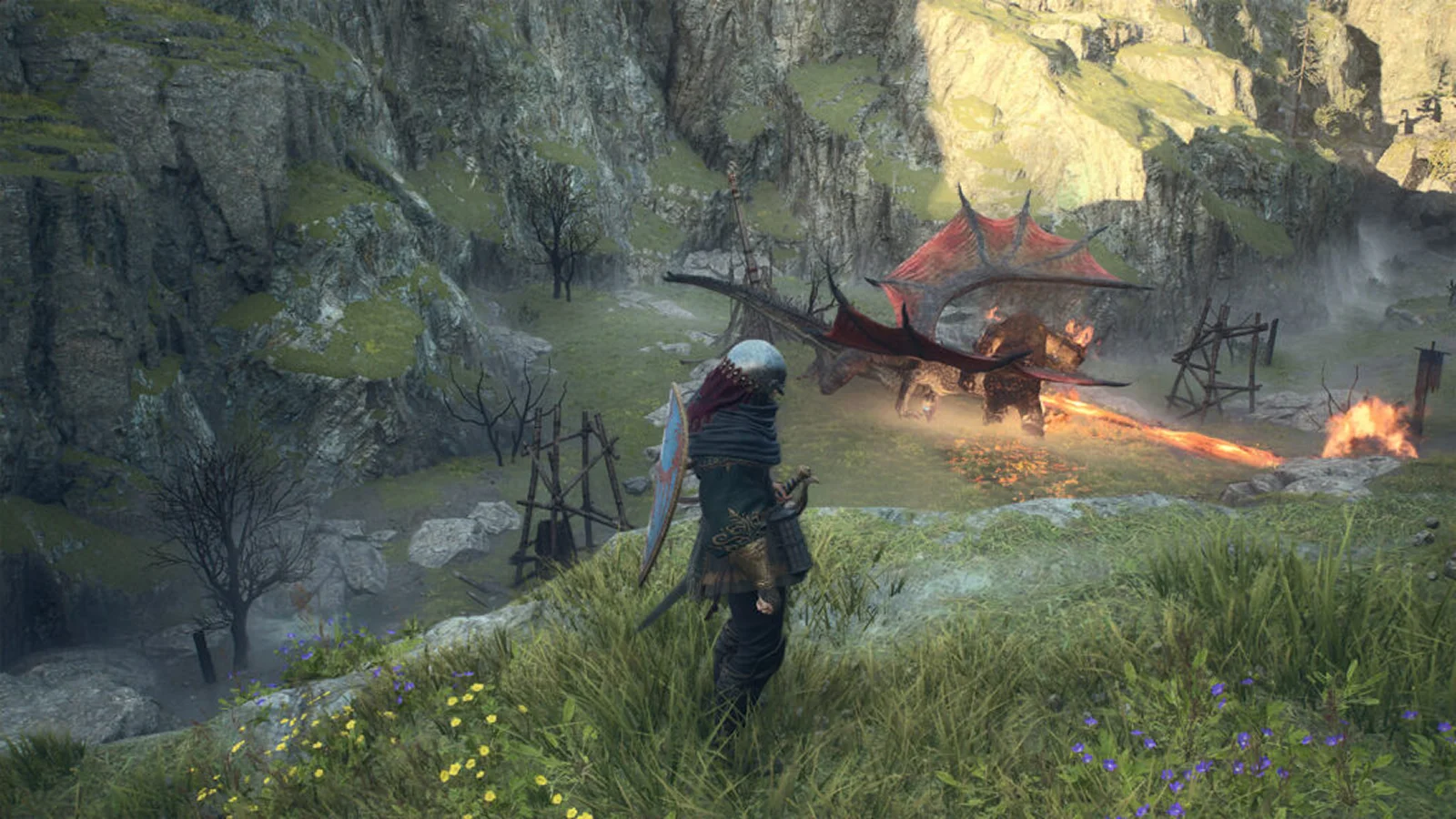Dragon’s Dogma 2: una visuale in terza persona di un guerriero che osserva un enorme drago combattere contro un ciclope in un canyon roccioso