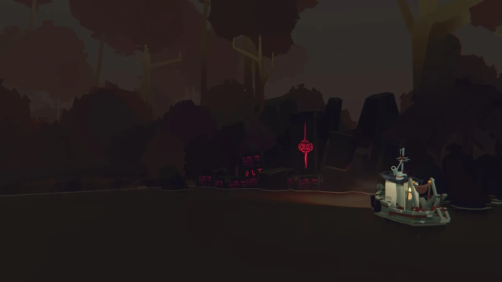 Dredge boat near ominous red glowing shrine at night