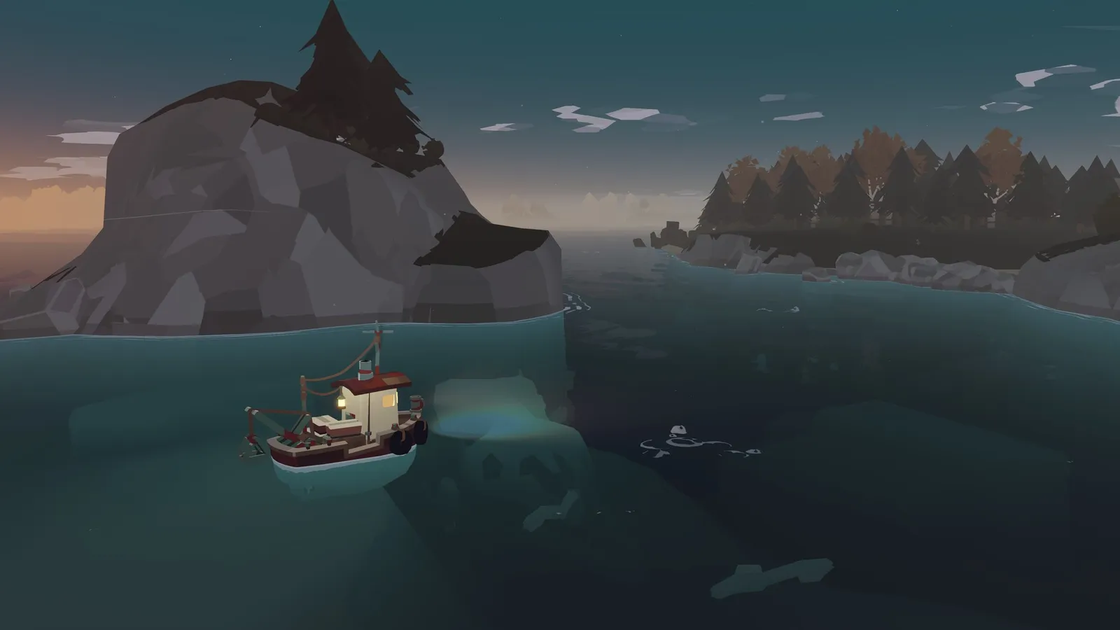 Dredge boat near rocky cove at dusk with shipwreck