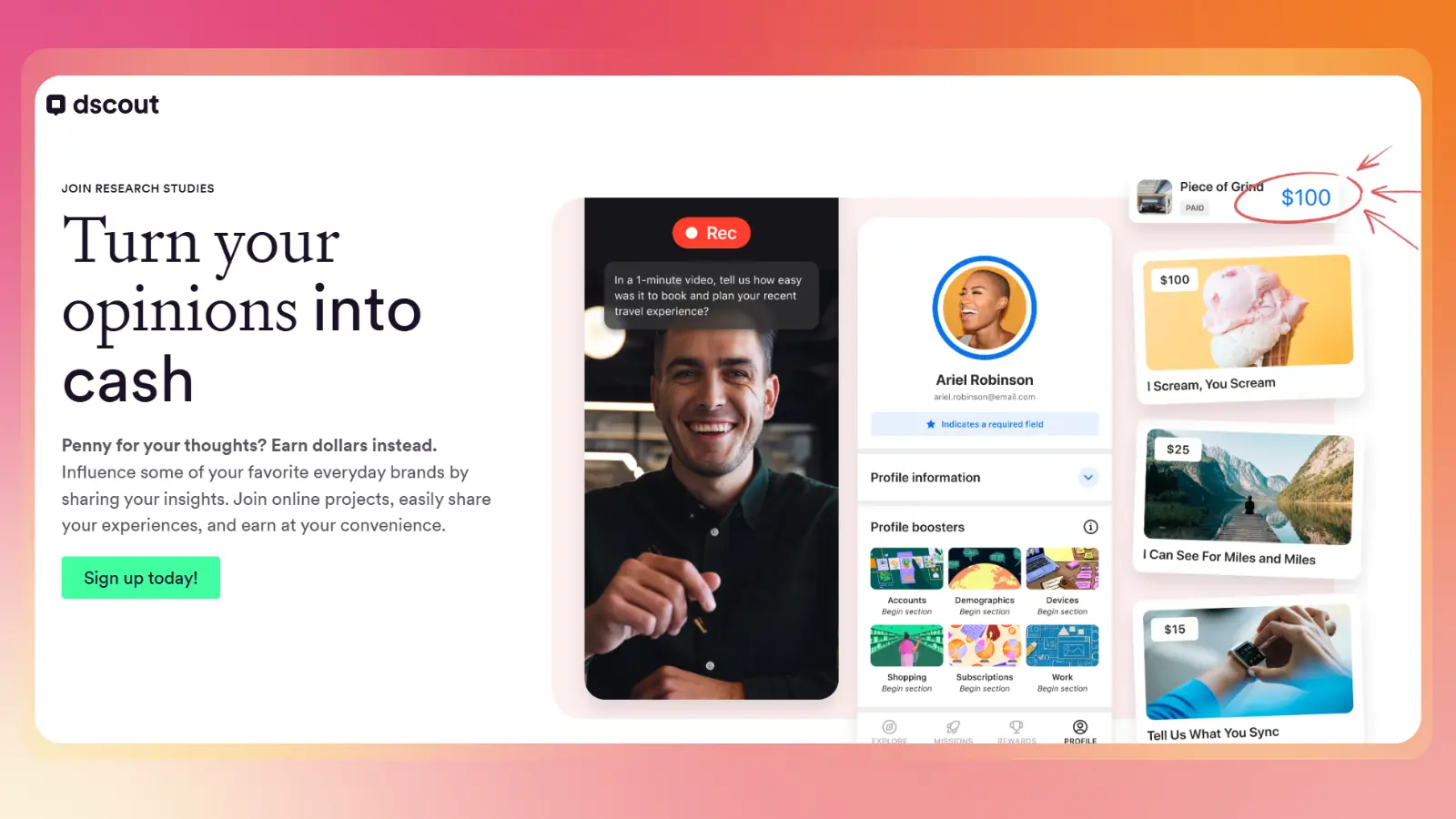 Dscout research studies page showing paid research projects, participant profiles, and cash rewards