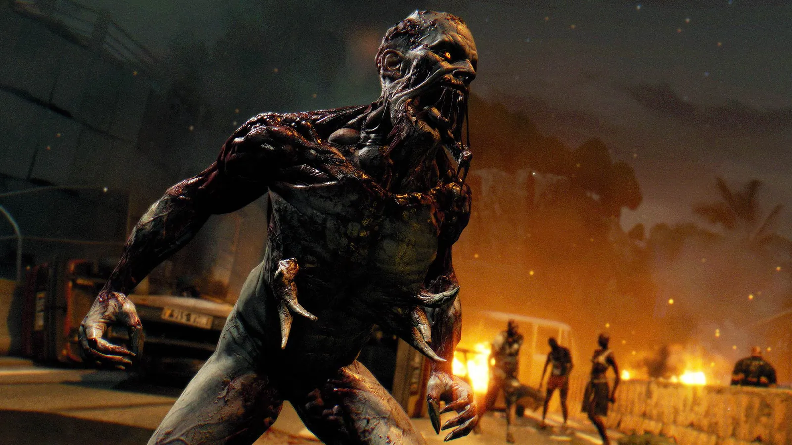 Dying Light Essentials Edition dying light glowing eyed viral zombie stalking burning street at night