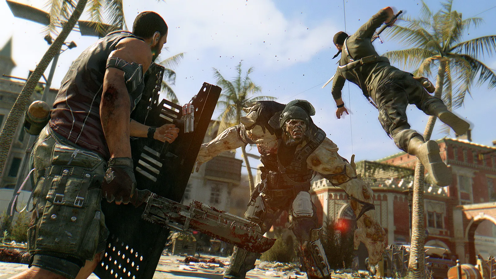 Dying Light Essentials Edition dying light swinging barbed bat at armored zombie with ally flying mid air