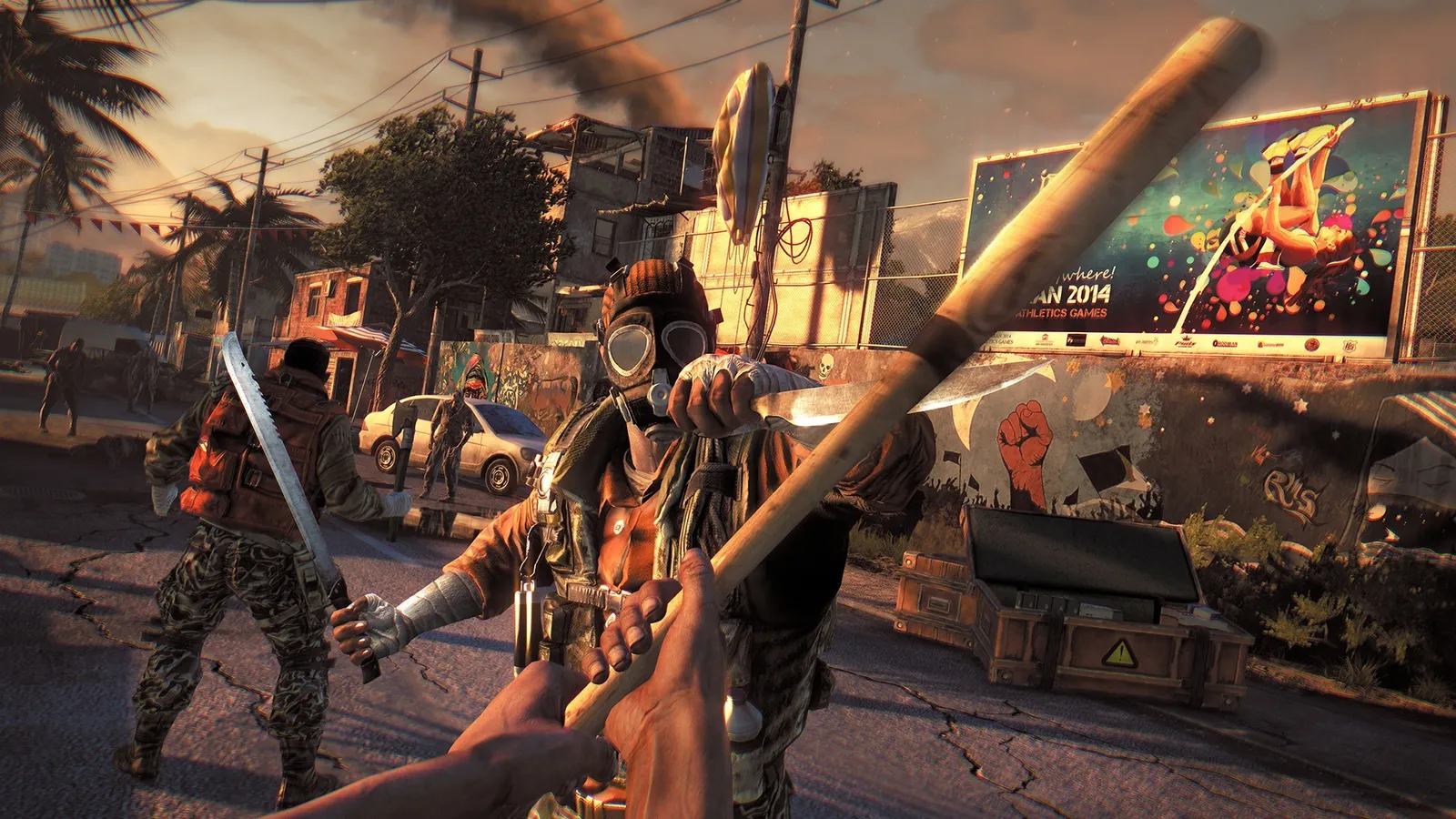Dying Light Essentials Edition dying light wielding machete against gas mask raider on slum street