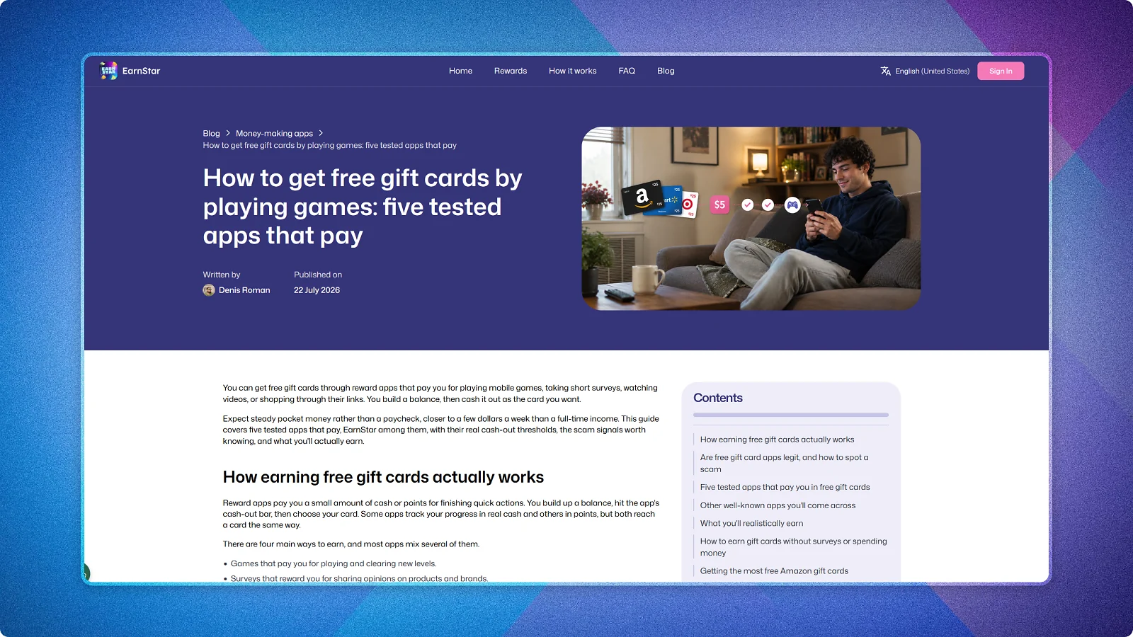EarnStar rewards platform homepage displayed in a browser window.
