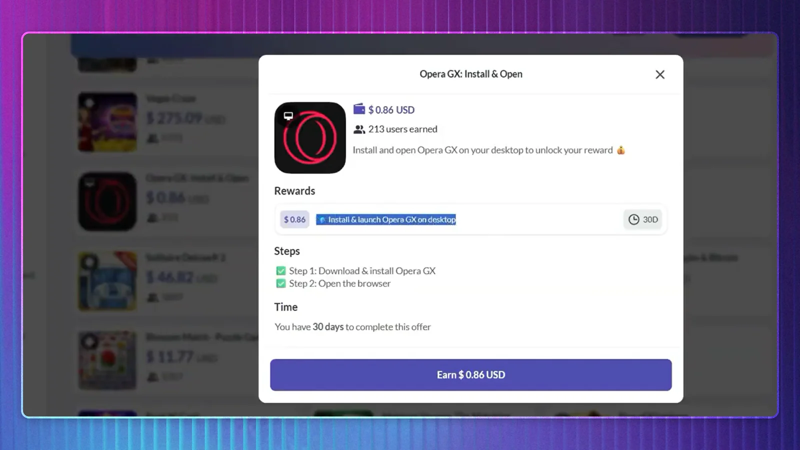 EarnStar reward offer for installing and opening the Opera GX browser, with a $0.86 payout and 30-day completion period.