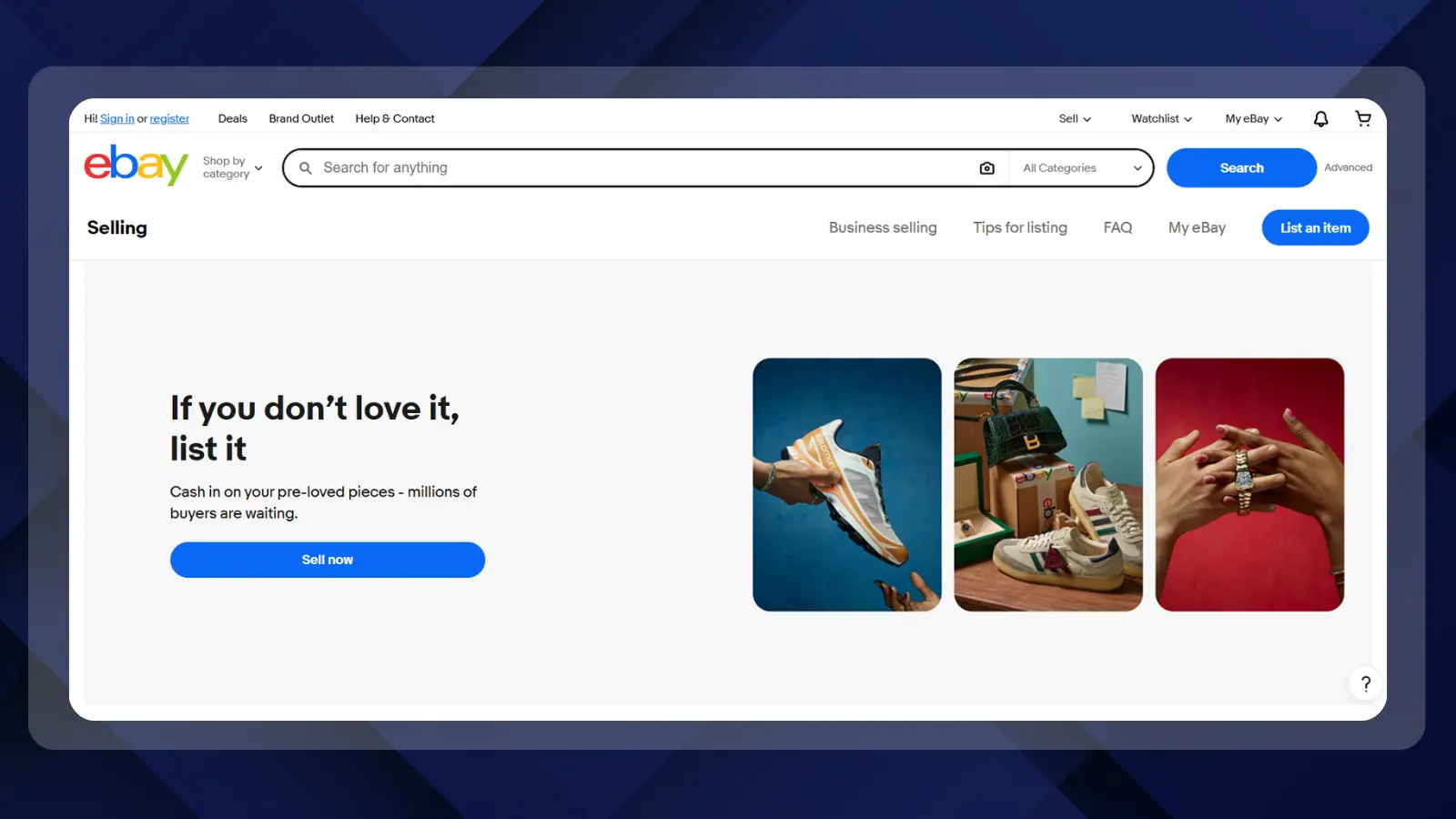 eBay selling page encouraging users to list pre-loved items, featuring images of sneakers, shoes, and jewelry