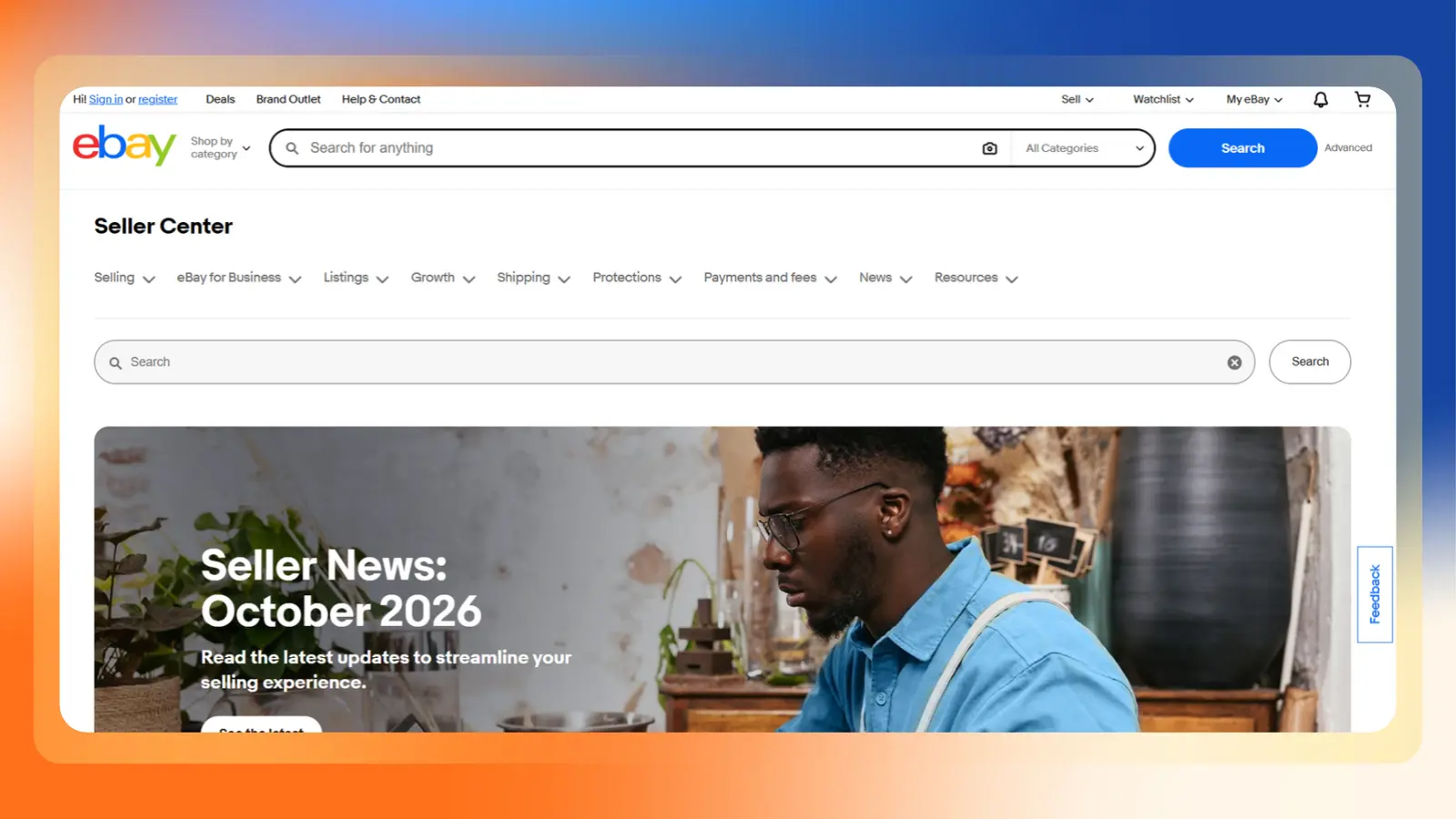 eBay Seller Center homepage displaying seller navigation tools and a banner for October 2026 seller news