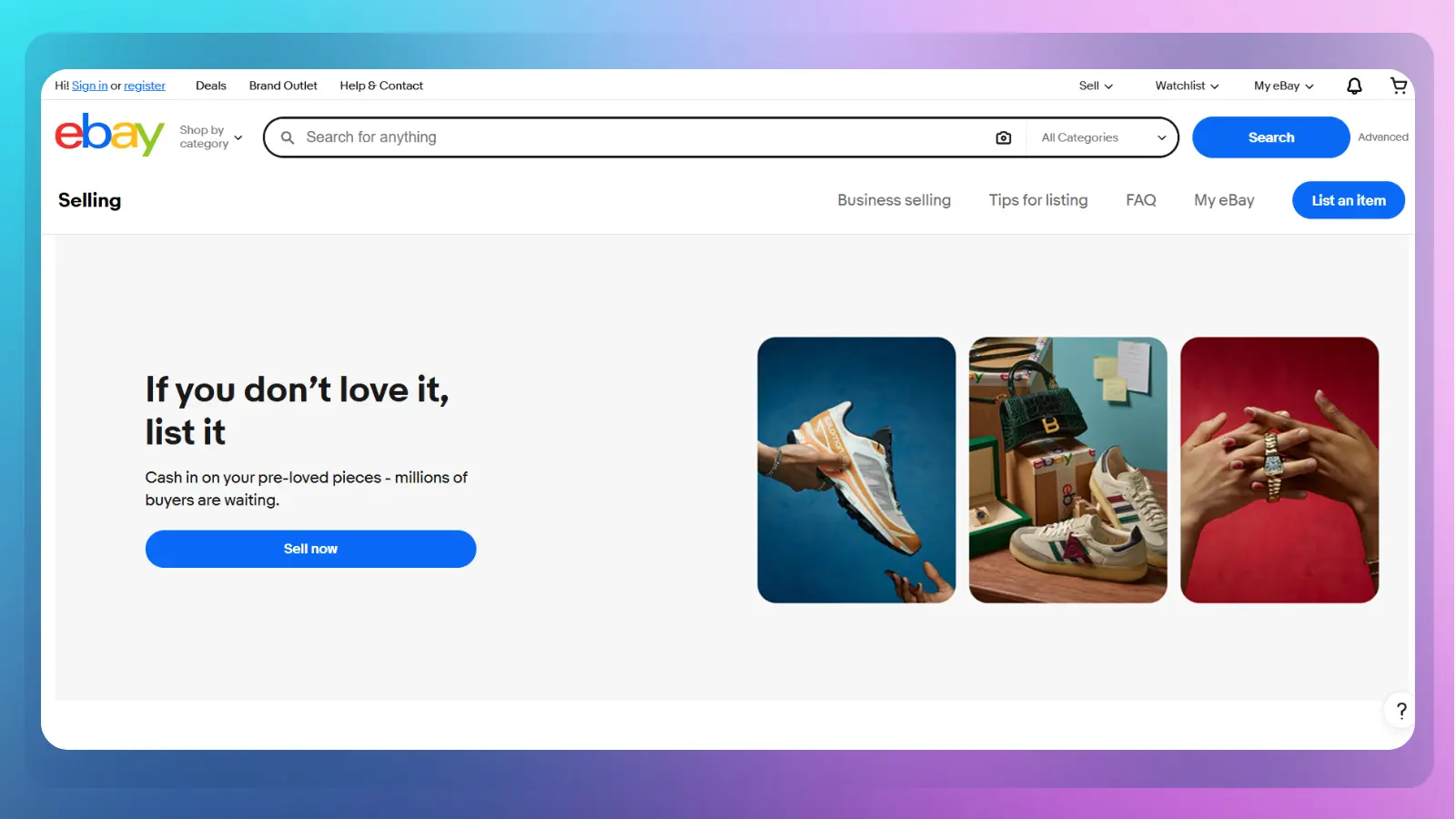 eBay selling page showing a message about listing pre-loved items with product images of shoes, a handbag, and jewelry