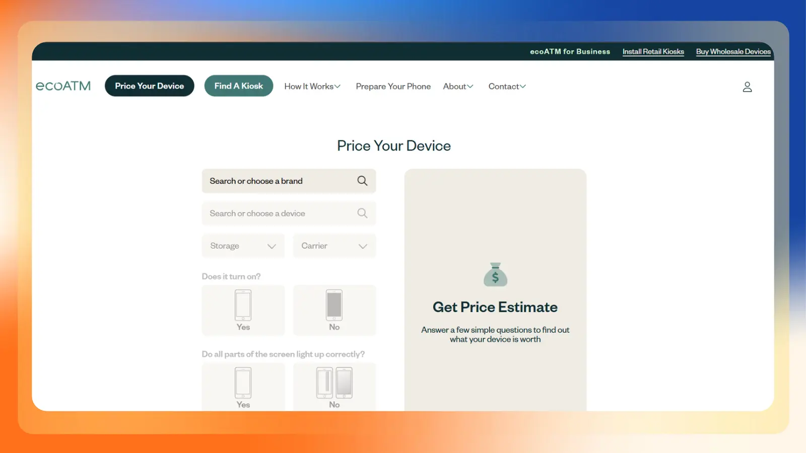 ecoATM website showing a device pricing form with brand, device, storage, carrier, and phone condition options