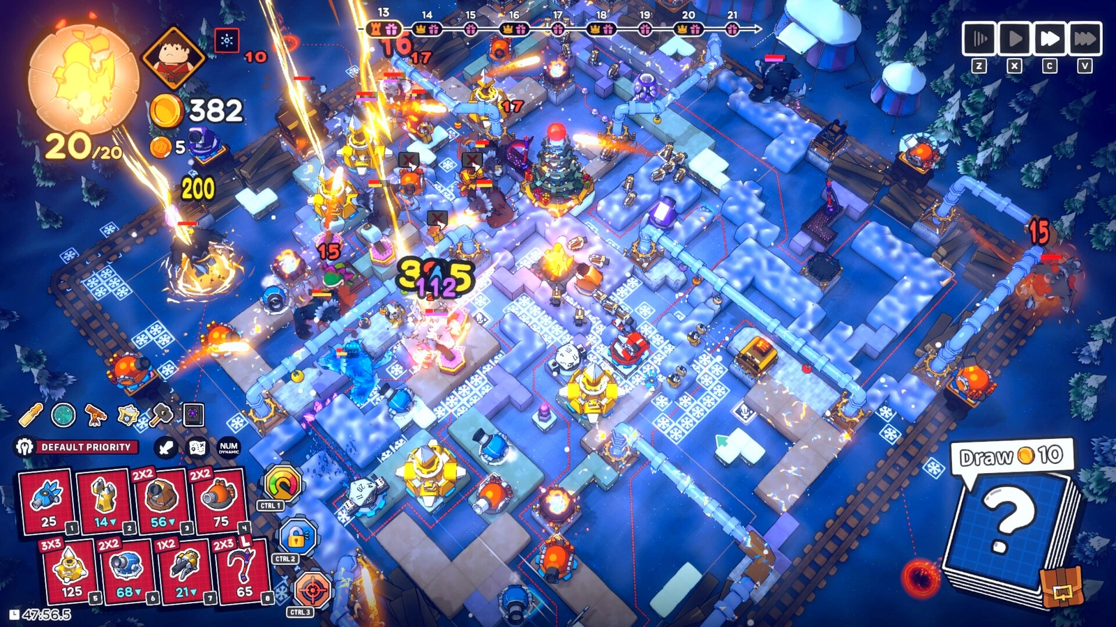Emberward icy fortress battle with giant damage numbers