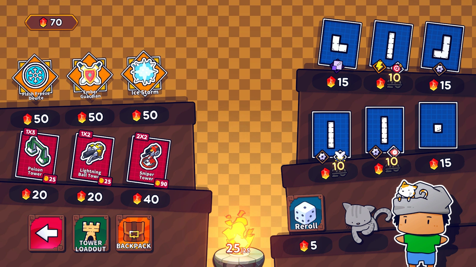 Emberward shop screen buying towers and card upgrades