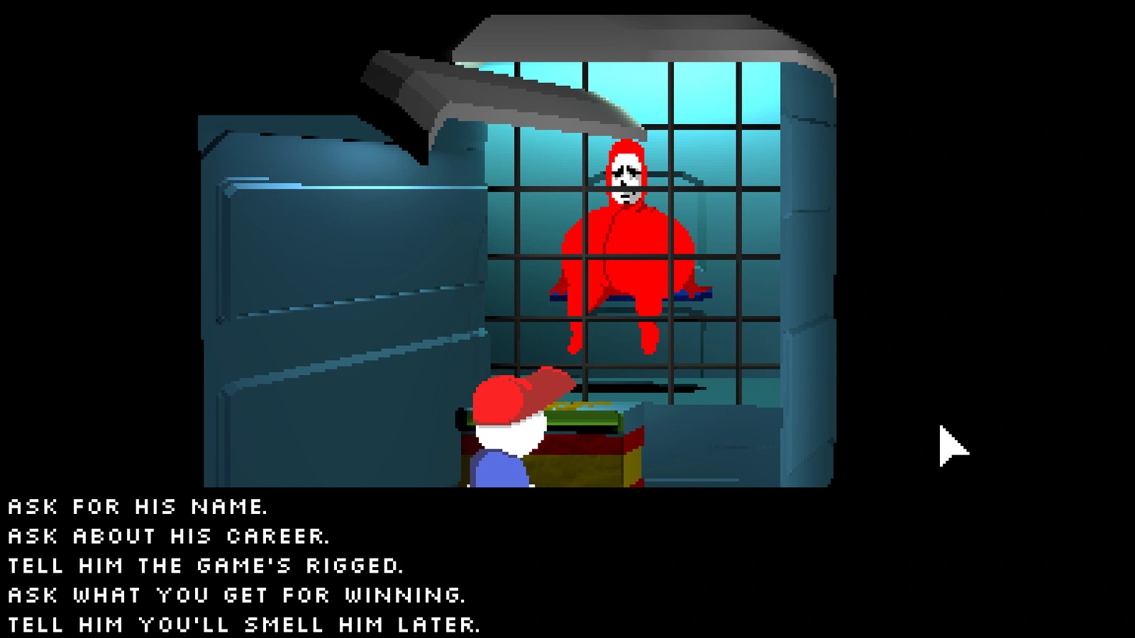 Endacopia talking to red prisoner behind bars
