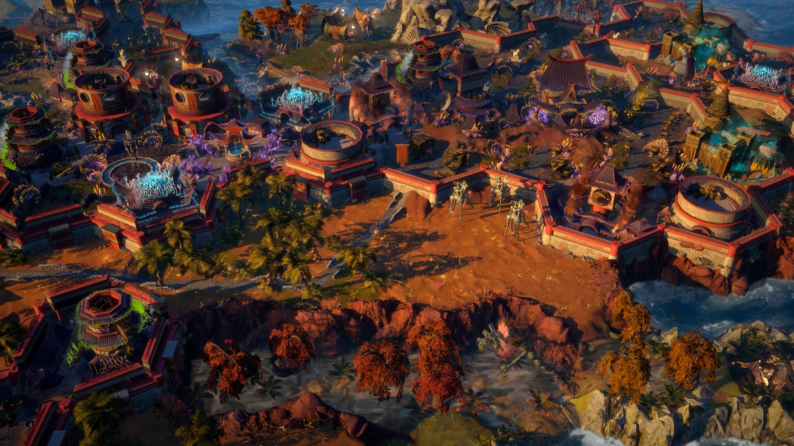 ENDLESS Legend™ 2 overhead view of walled city with magic fountains and marching troops