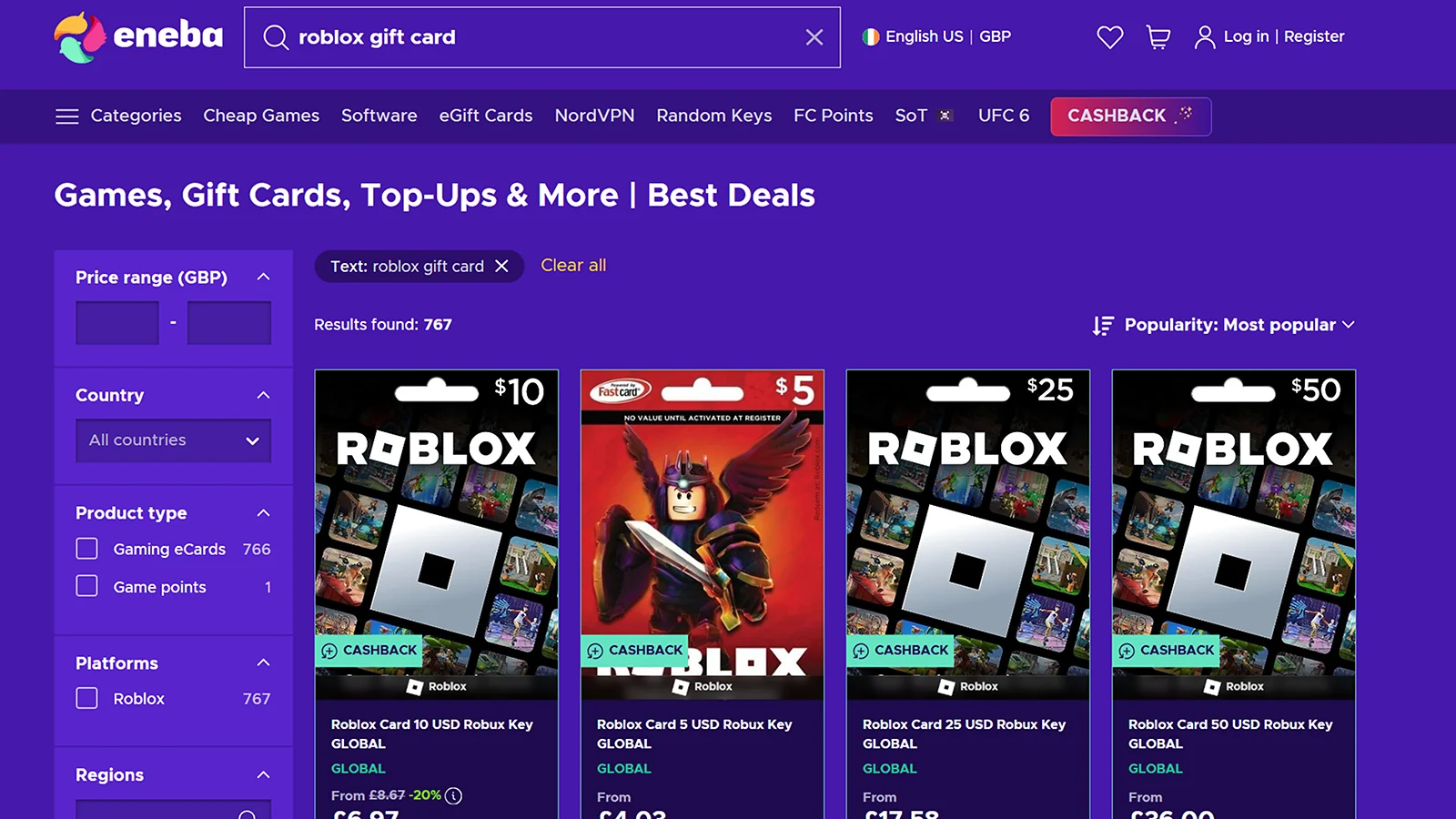 Eneba with roblox gift cards listing