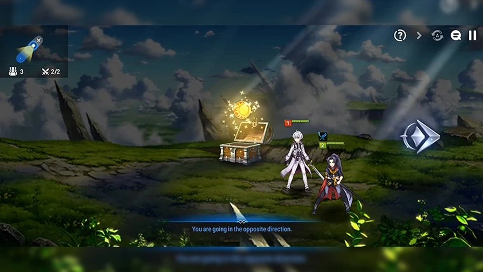 Two anime swordsmen stand beside a glowing treasure chest on a grassy cliff