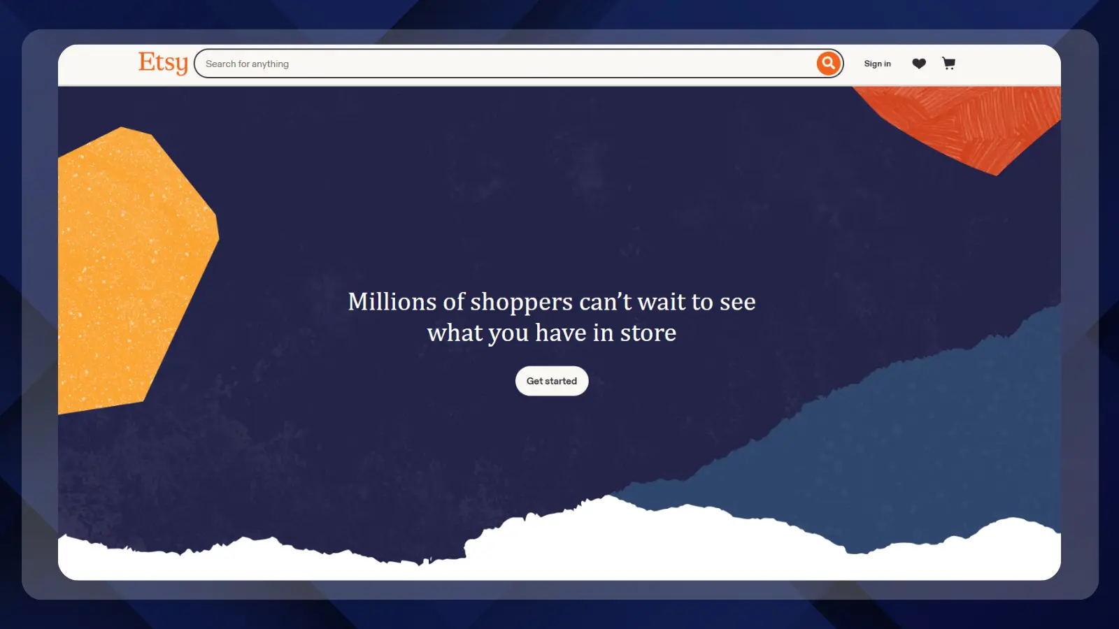 Etsy seller homepage inviting users to open a shop, with a dark blue background and colorful abstract shapes