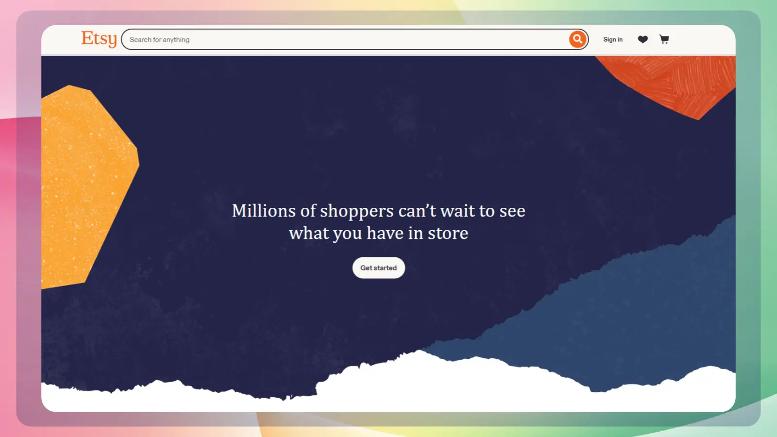 Etsy seller homepage with a dark blue illustrated background and a message inviting sellers to showcase their products