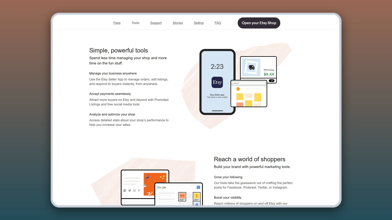 The Etsy seller page reads “Simple, powerful tools” next to illustrations of the Etsy Seller app, a shipping label and a shop page