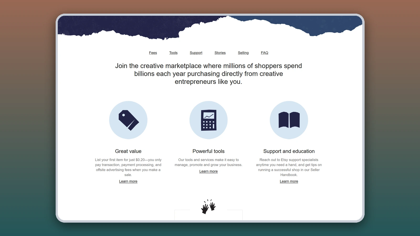 The Etsy seller page invites creative entrepreneurs to join, with icons for great value, powerful tools, and support and education