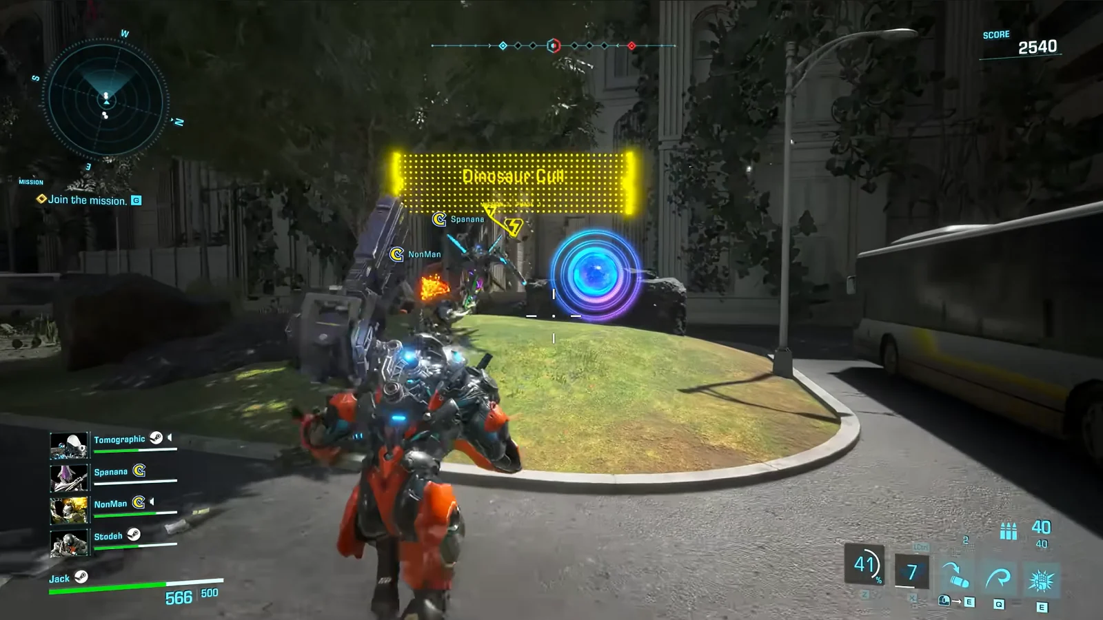 Armored exosuit fighter battles enemies on a city street.