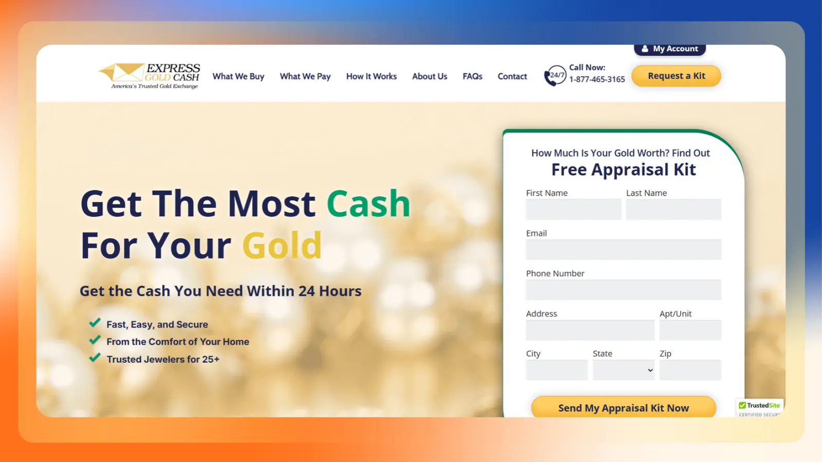 Express Gold Cash homepage advertising cash for gold and displaying a free appraisal kit request form