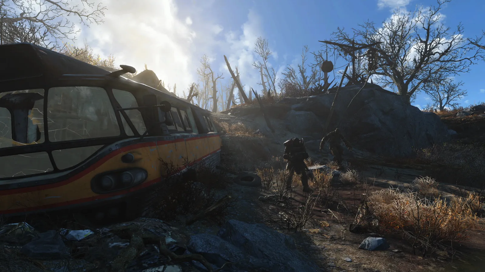 Fallout 4 (GOTY) power armor soldier and ghoul near wrecked monorail train