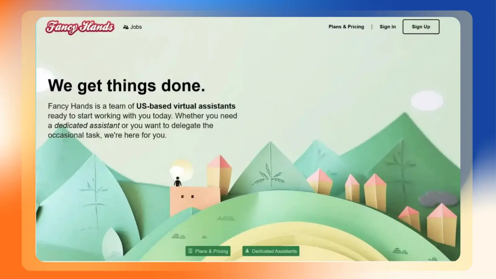 Fancy Hands homepage promoting US-based virtual assistant services with information about plans, pricing, and dedicated assistants