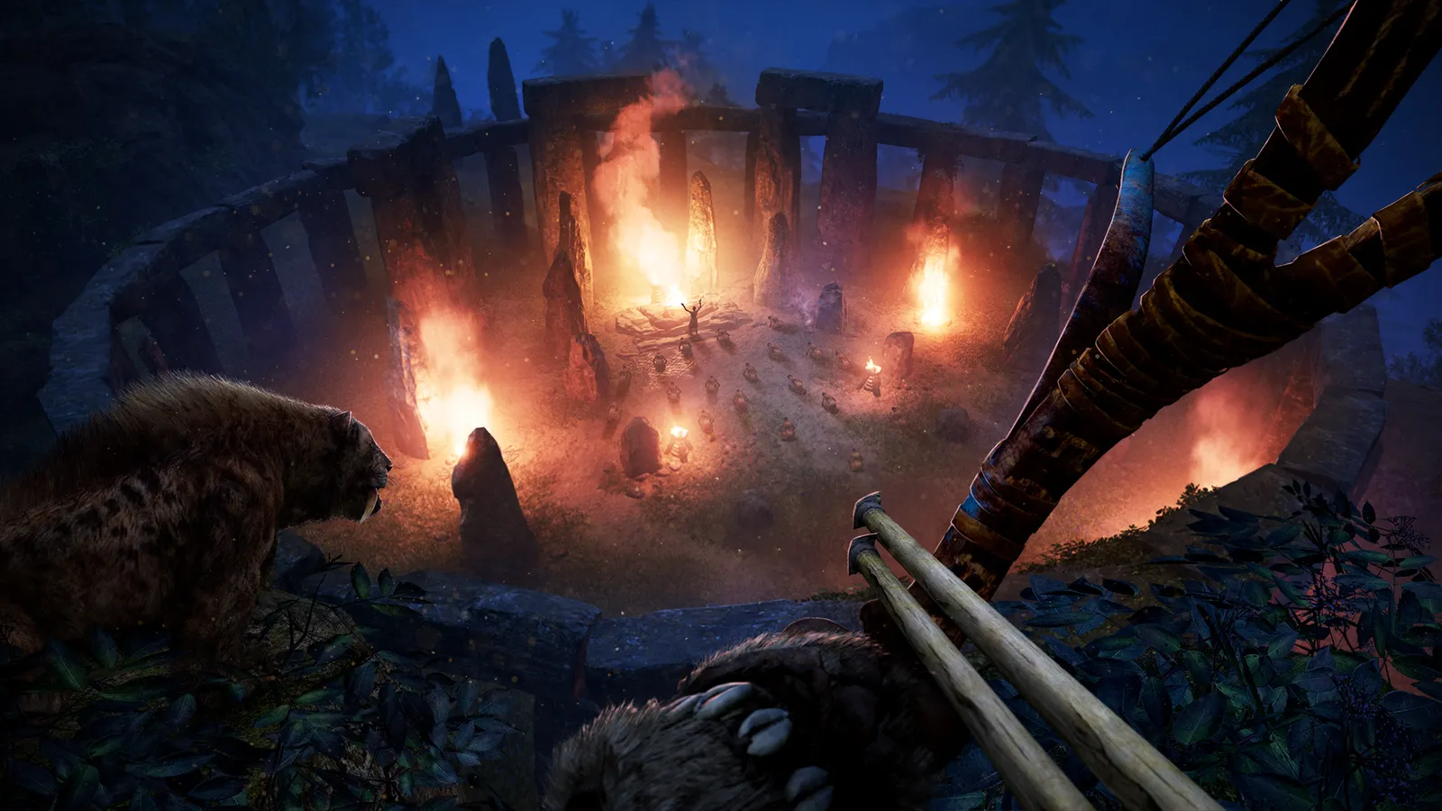 Far Cry Primal night ritual stone circle bonfire