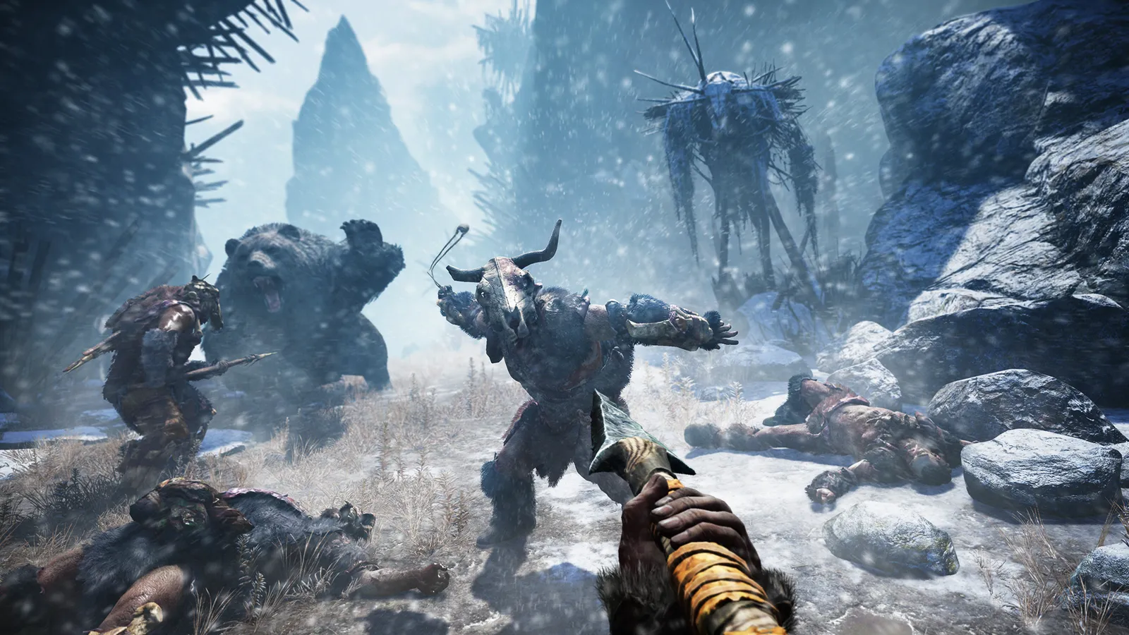 Far Cry Primal snowy battle with painted warriors