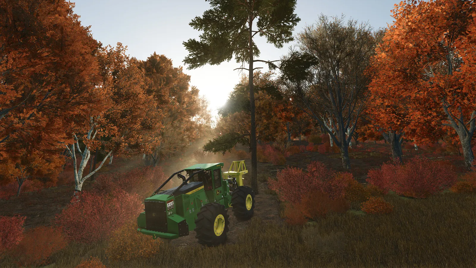 Farming Simulator 25 forestry skidder hauling log through autumn woods