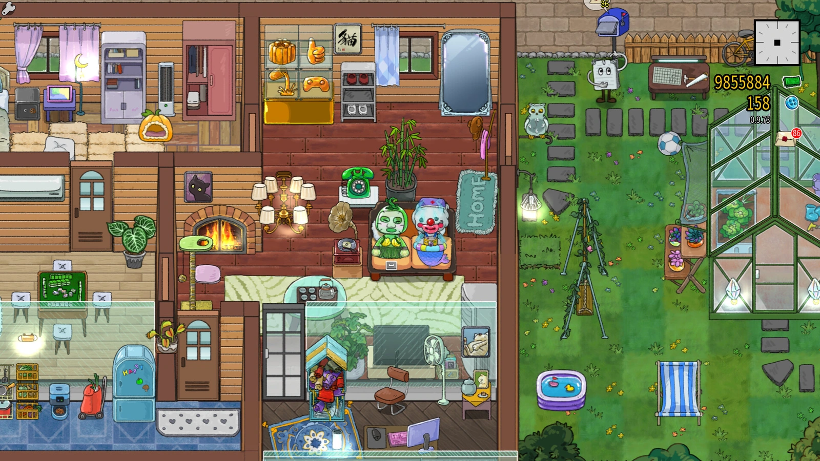 Feed the Cups cozy living room and garden overhead view with cat