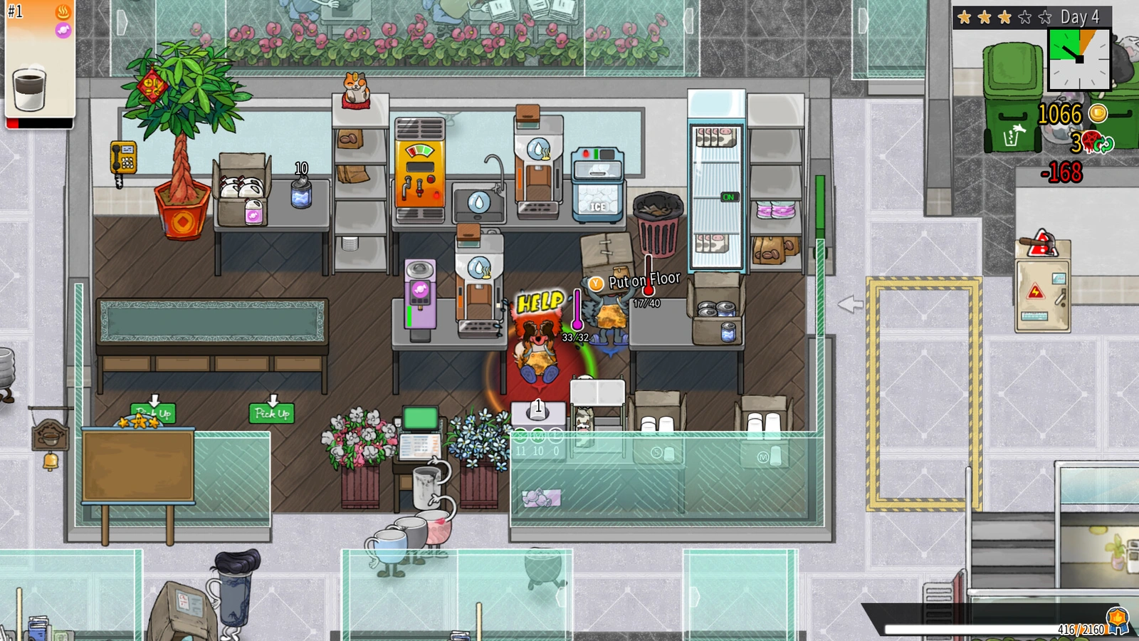 Feed the Cups flower shop drink counter with hamster and injured customer