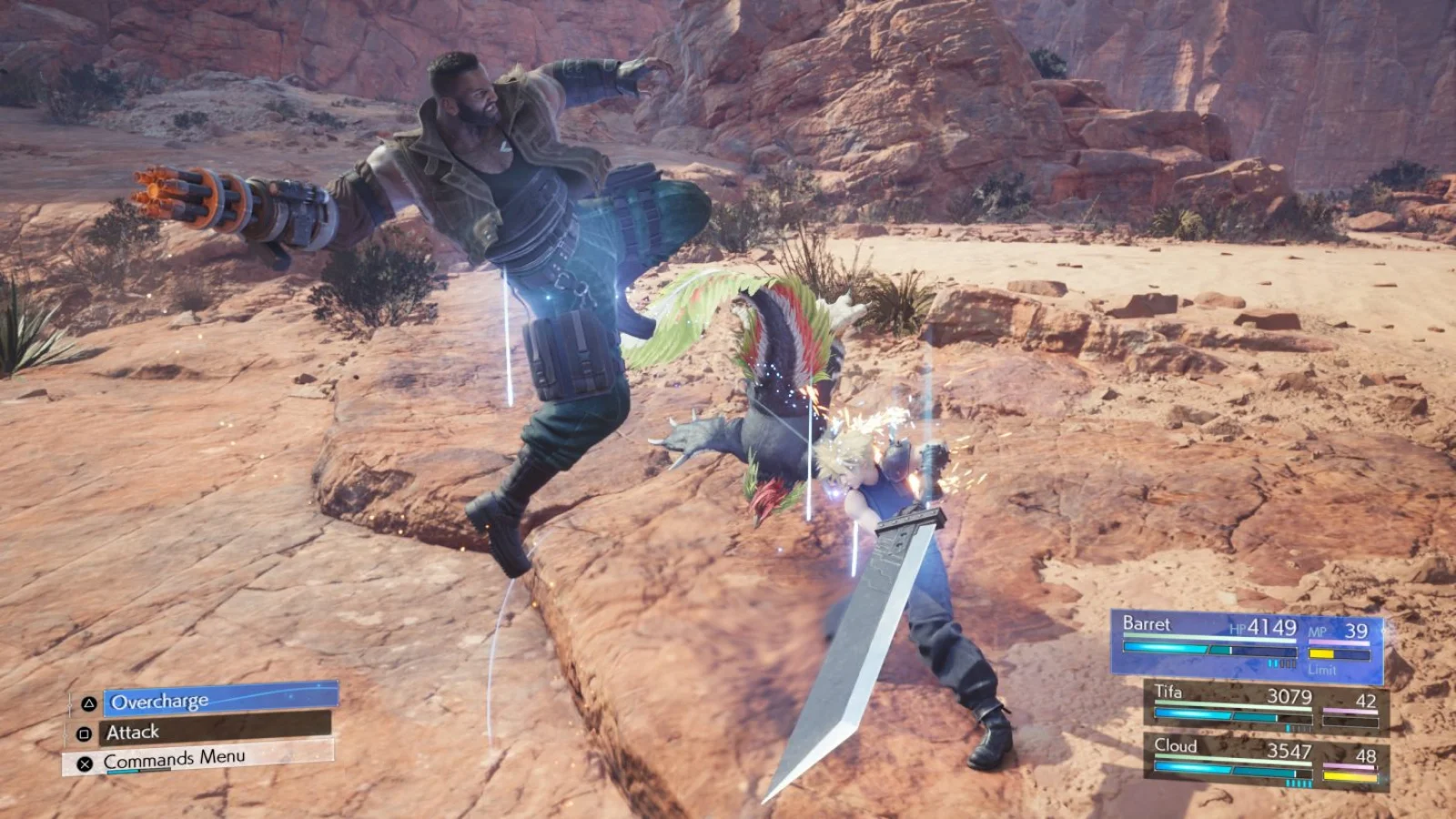 Final Fantasy VII Rebirth - Una scena di combattimento in terza persona in cui gli eroi affrontano un mostro in un canyon roccioso