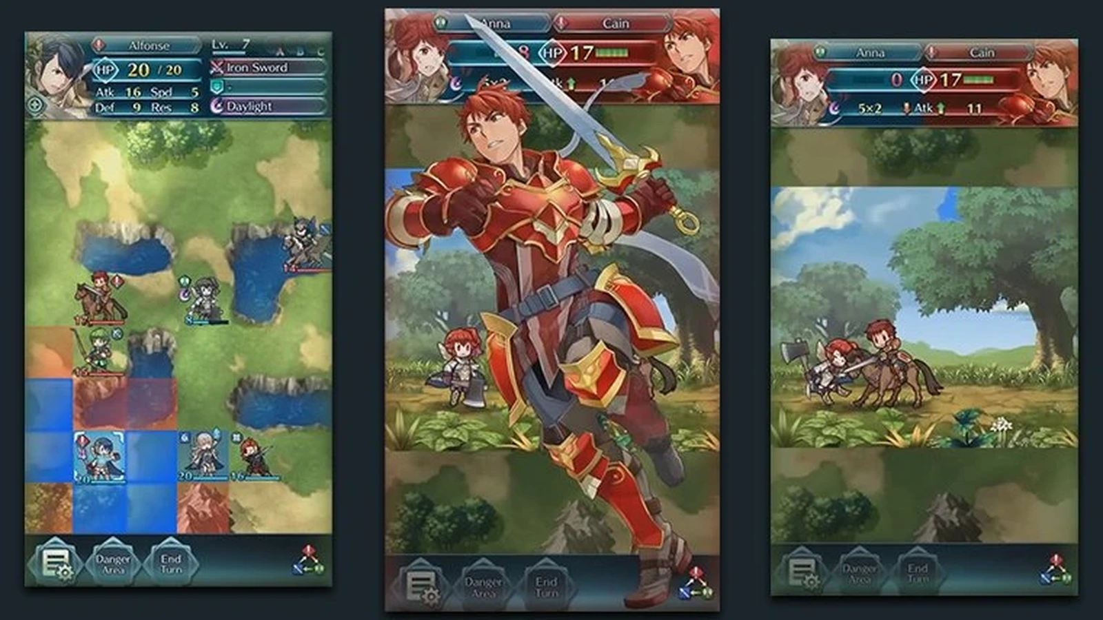 Three mobile screens show a tactical grid map, a red-armored knight’s sword attack, and a cavalry battle