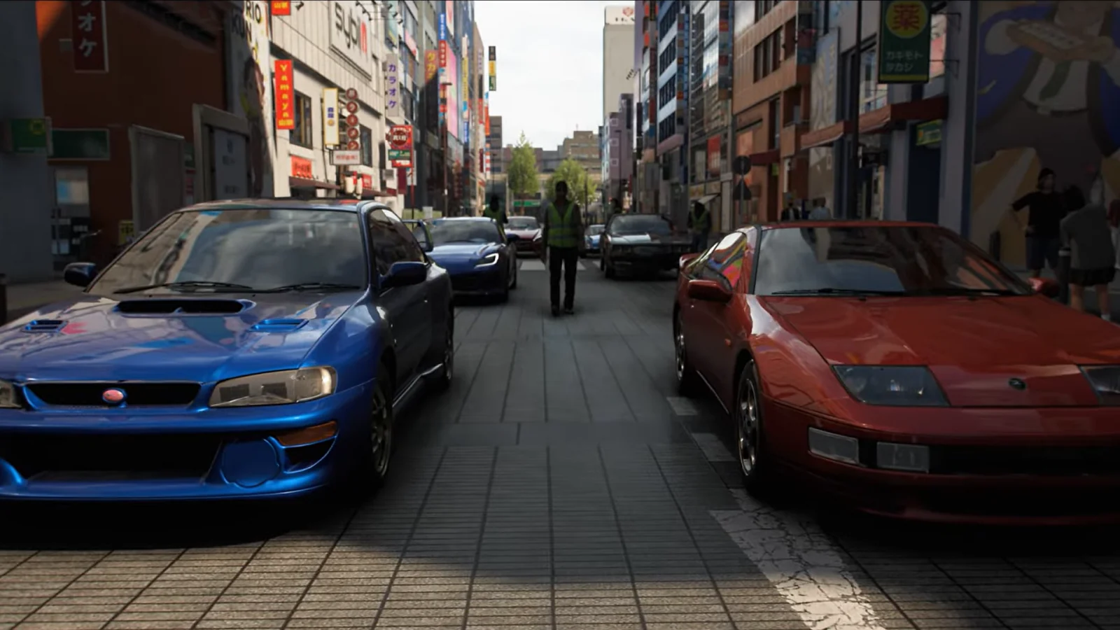 Blue and red sports cars parked on a busy city street.